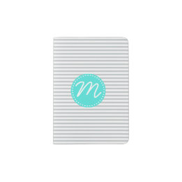 Grey Fine Stripe with Turquoise Monogram Passport Holder