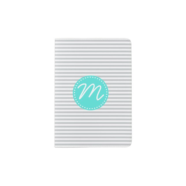 Grey Fine Stripe with Turquoise Monogram Passport Holder (Front)