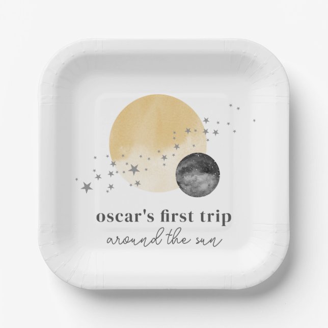 Grey First Trip Around The Sun Paper Plates (Front)