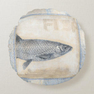 Grey Fish on Beige Background Round Pillow