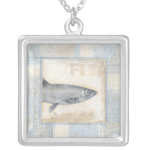 Grey Fish on Beige Background Silver Plated Necklace