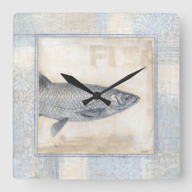 Grey Fish on Beige Background Square Wall Clock (Front)