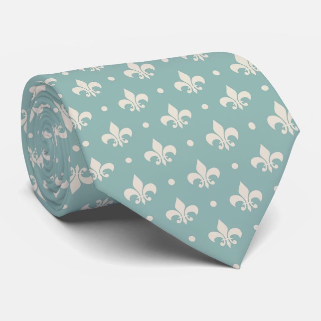 Grey Fleur De Lis pattern on turquoise background Neck Tie (Rolled)