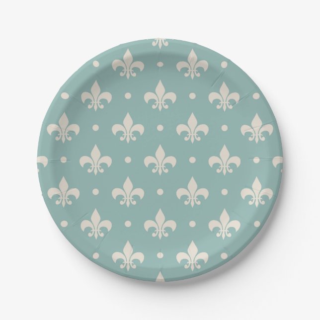 Grey Fleur De Lis pattern on turquoise background Paper Plates (Front)