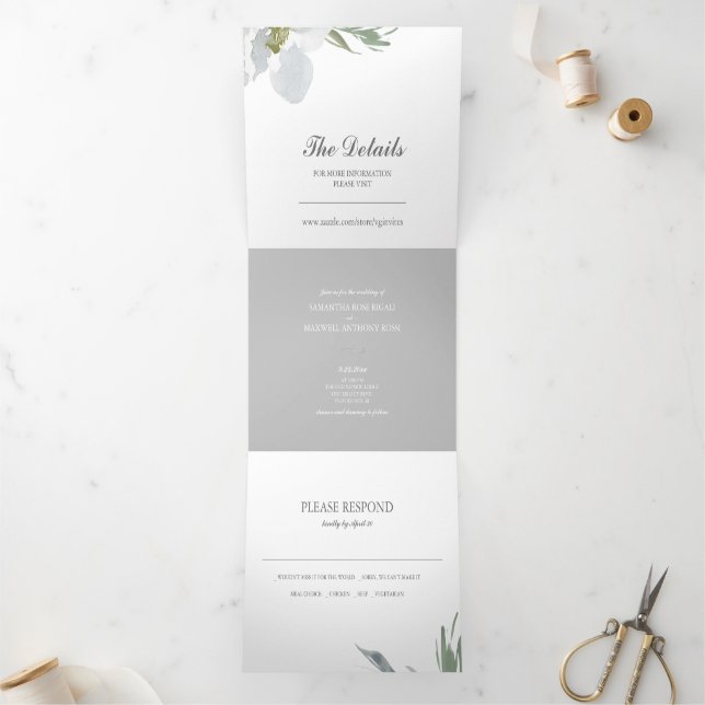 Grey Floral and Greenery All In One Wedding Invite (Inside)
