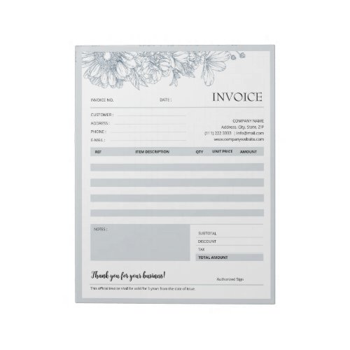 Grey Floral Border Small Business Invoice Template Notepad