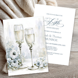 Grey Floral Champagne Glasses 5th Anniversary Invitation