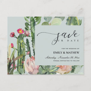 GREY FLORAL DESERT CACTI FOLIAGE SAVE THE DATE ANNOUNCEMENT POSTCARD