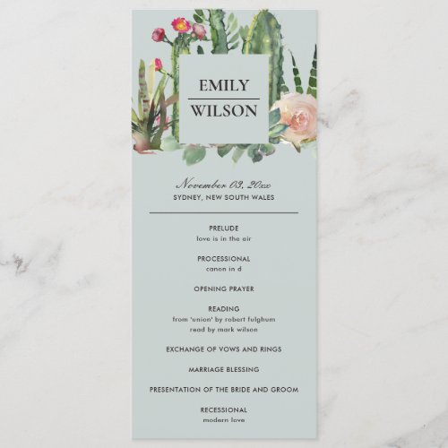 GREY FLORAL DESERT CACTI  WEDDING CEREMONY PROGRAM