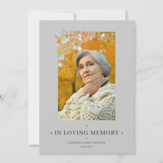 Grey Floral Frame Elegant Photo Funeral Invitation (Front)