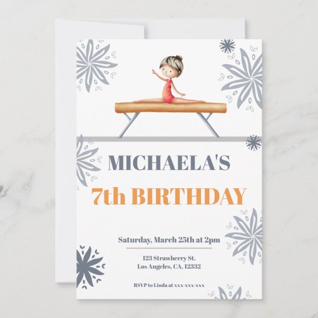 Grey Floral Girl on a Beam Unique Cute Birthday Invitation (Front)