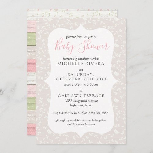 Grey Floral Pink  Sage Rustic Country Baby Shower Invitation