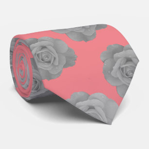 Grey Floral Rose Flowers Coral Pink Orange Elegant Neck Tie