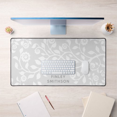 Grey Floral Swirls Template Elegant Classy Stylish Desk Mat