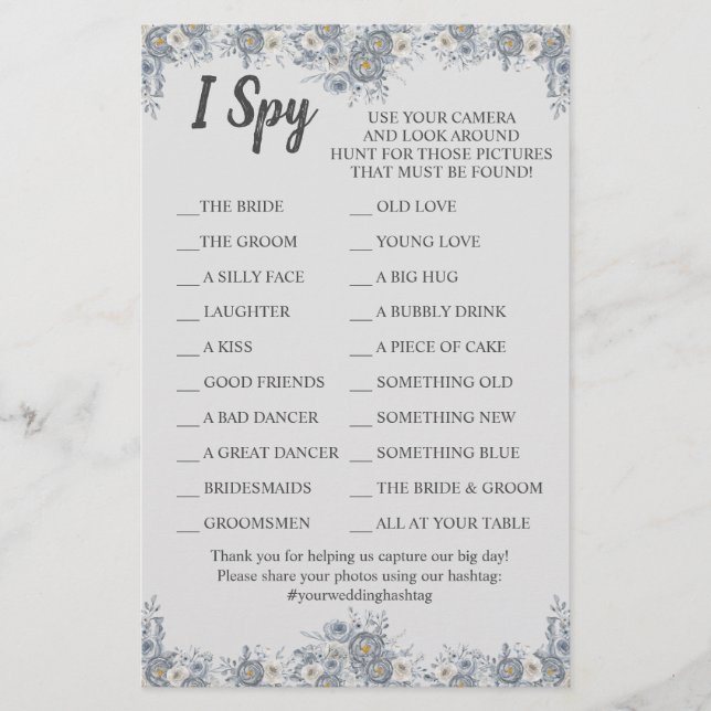 Grey Floral Wedding Reception I Spy Game Card Flyer (Front)