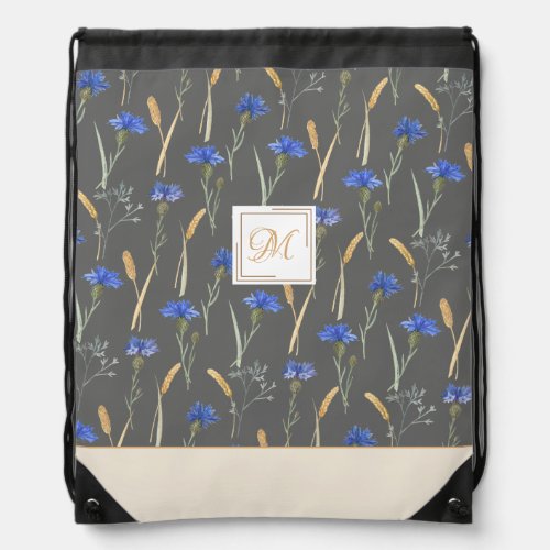 Grey Floral Wildflower Customized Monogram Drawstring Bag