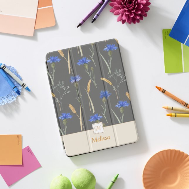 Grey Floral Wildflower Monogram iPad Pro Cover (Desk)