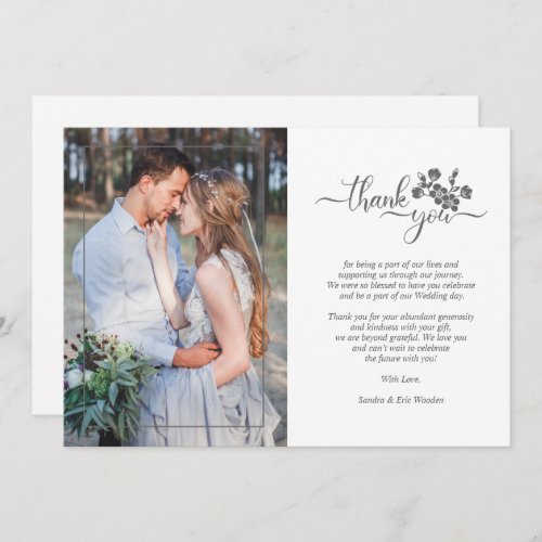 Grey Floral Wreath Photo Wedding Couple Thank You Card