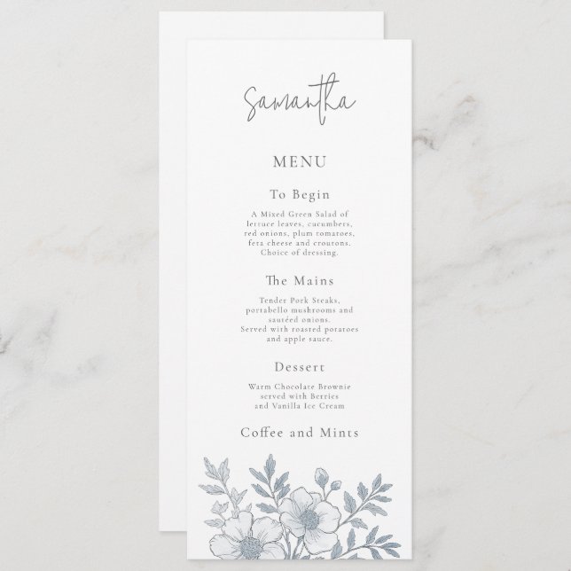 Grey Florals Wedding Menu Card with Guest Name (Front/Back)
