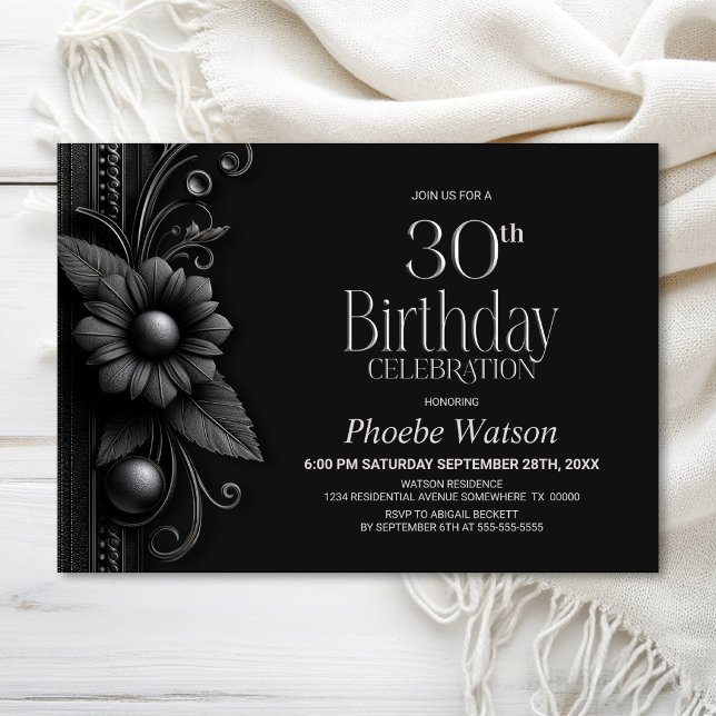 Grey Flower 30th Birthday Party Invitation (Creator Uploaded)