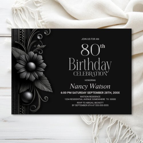 Grey Flower 80th Birthday Party Invitation