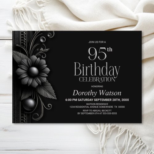 Grey Flower 95th Birthday Party Invitation