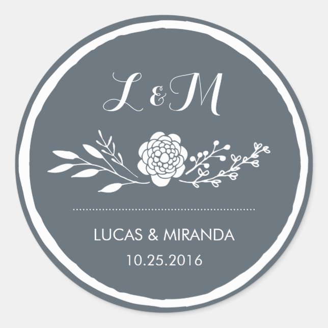 Grey Flower and Leaf Wreath Wedding Favor Sticker (Front)