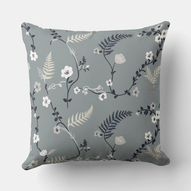 Grey Flower fern Throw Pillow (Back)