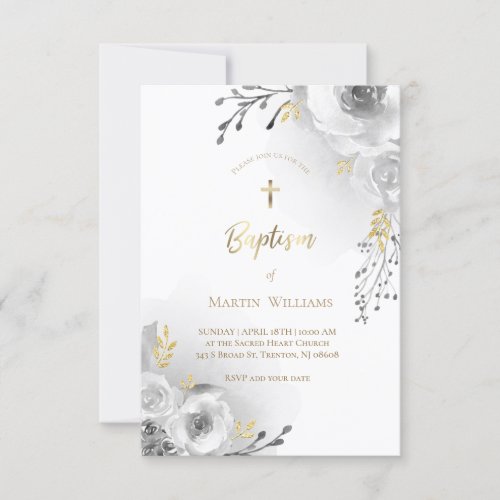 grey flowers and faux gold foil frame Baptism  Invitation