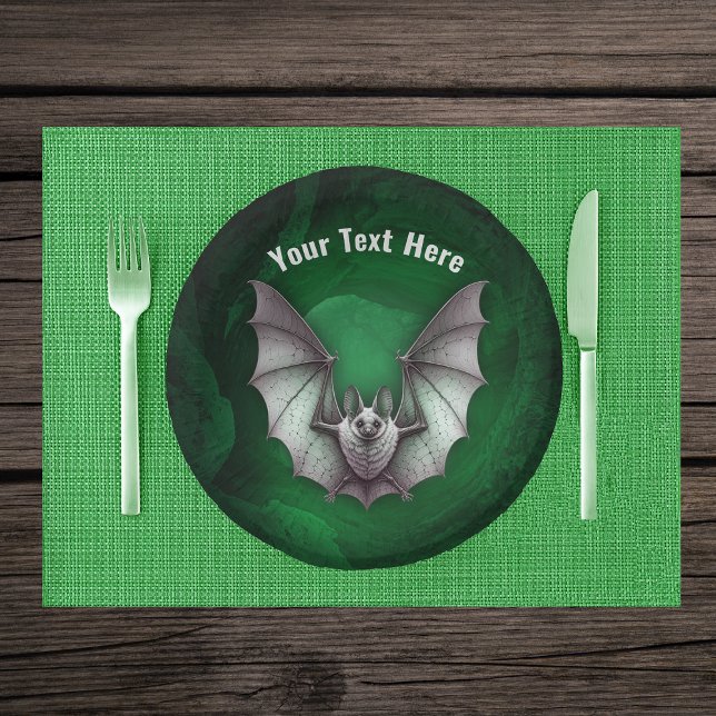 Grey Flying Bat Glowing Green Spooky Cave Paper Bowls (Grey flying furry bat in glowing green spooky cave on Halloween paper party bowl.)