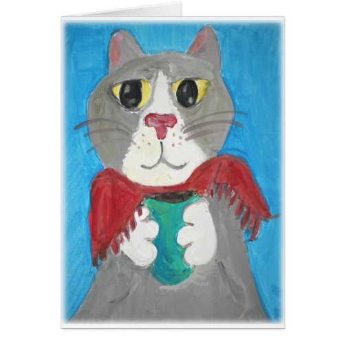 Grey Folk Art Cat Coffee Lover Painting