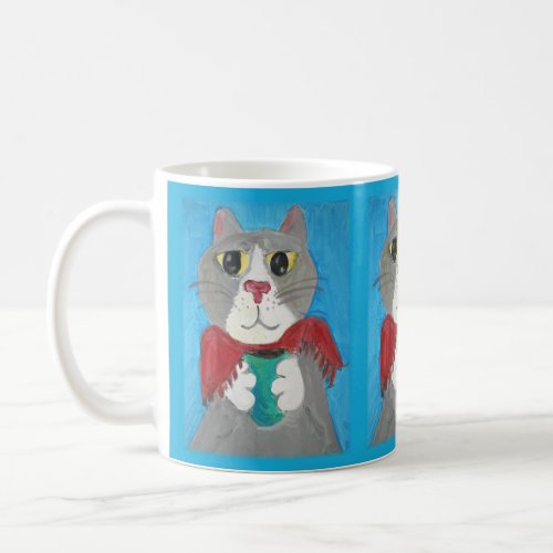 Grey Folk Art Cat with Coffee Cozy Cute Coffee Mug