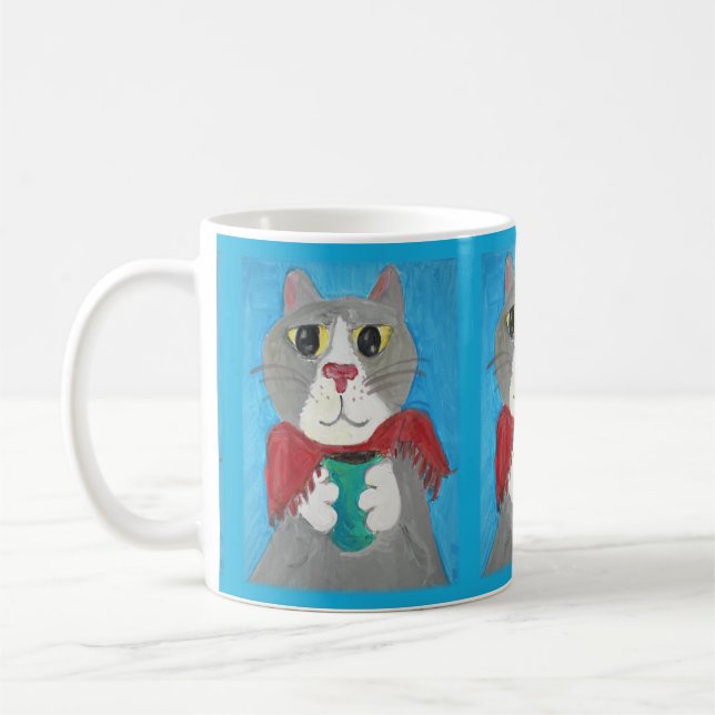 Grey Folk Art Cat with Coffee Cozy Cute Coffee Mug (Left)