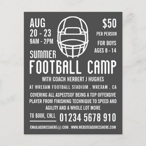 Grey Football Helmet Football Camp Advertising Flyer