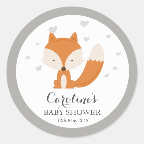 Grey Fox Woodland Love Heart Baby Shower Sticker Classic Round Sticker