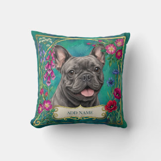 Grey French Bulldog Floral Botanical Cushion
