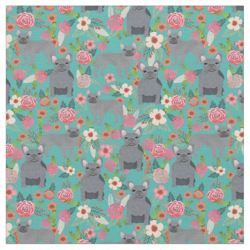 Grey French Bulldog vintage florals Fabric