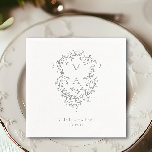 Grey French Floral Crest Classic Wedding  Napkins (Creator Uploaded)