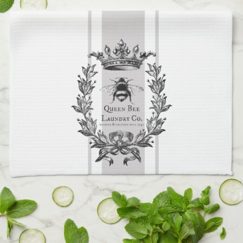 Grey French inspired Laurel Wreath Queen Bee Kitchen Towel