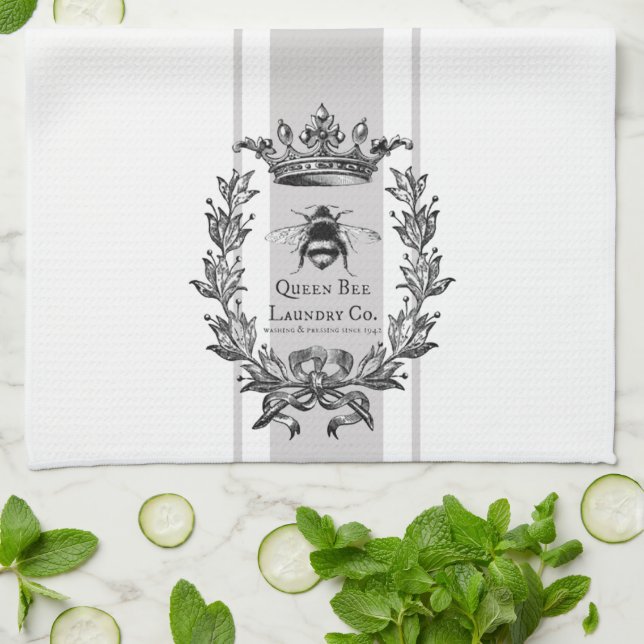 Grey French inspired Laurel Wreath Queen Bee Kitchen Towel (Folded)