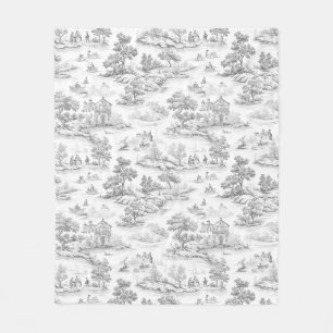 Grey French Style Toile de Jouy Romantic Elegant Fleece Blanket
