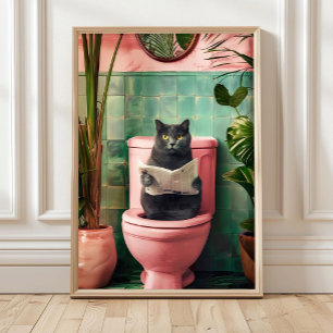 Grey Funny Cat Toilet Print, Trendy Bathroom Cat Poster