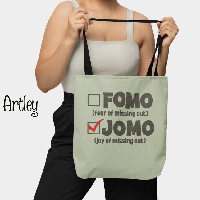 Grey Funny FOMO JOMO check the box Introvert Tote Bag (Creator Uploaded)