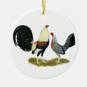 Grey Game Fowl Pair Ceramic Ornament