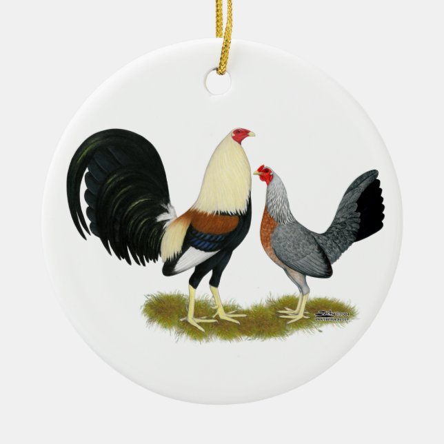 Grey Game Fowl Pair Ceramic Ornament (Front)