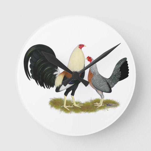 Grey Game Fowl Pair Round Clock (Front)