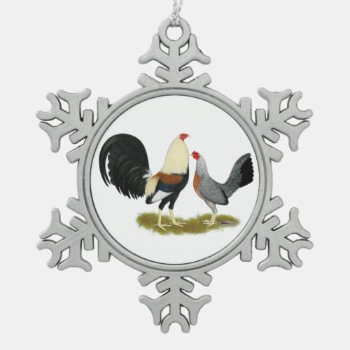 Grey Game Fowl Pair Snowflake Pewter Christmas Ornament