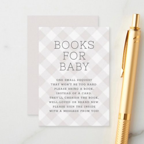  Grey Gender Neutral Gingham Books For Baby Shower Enclosure Card