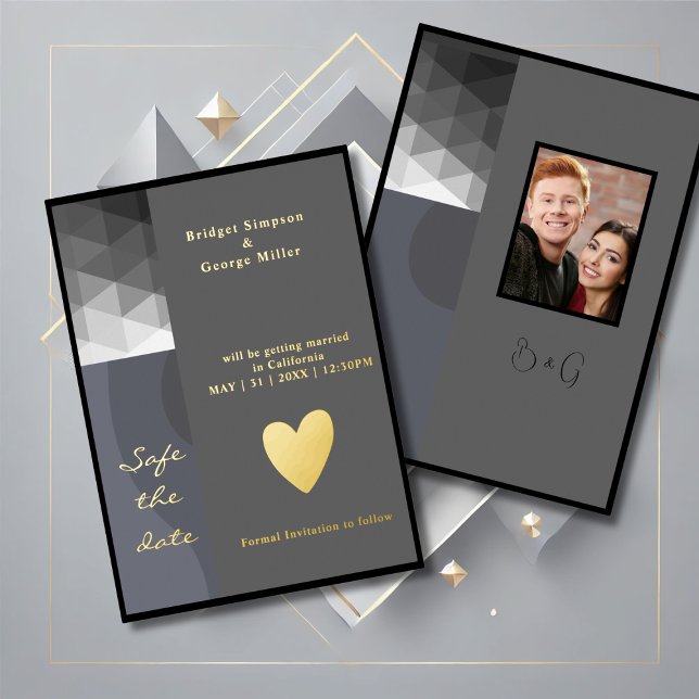 grey geometric wedding safe the date gold  foil invitation (Creator Uploaded)
