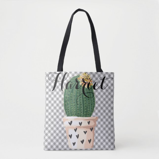 Grey Gingham Cactus Heart Pot Personalized Name Tote Bag (Front)